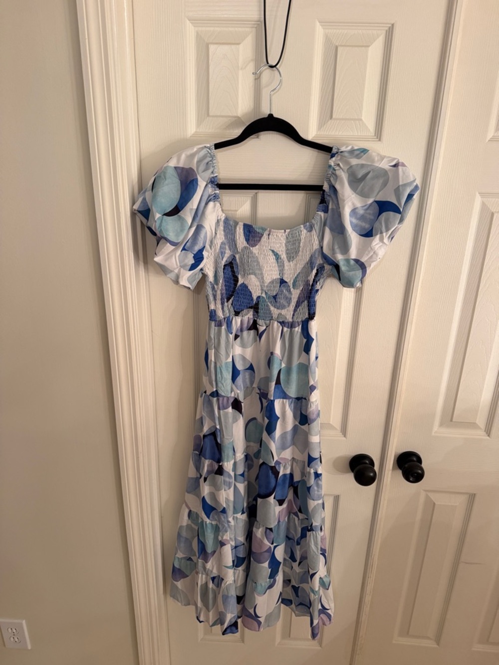 Blue & White Puff-Sleeve Shirred Midi Dress